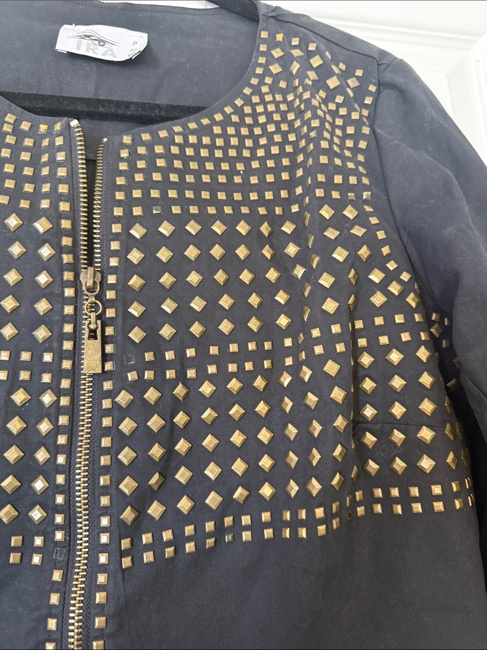 IRA Black Studded Zip Front Jacket Cotton Blend Bronze Studded Size PM - Picture 4 of 12